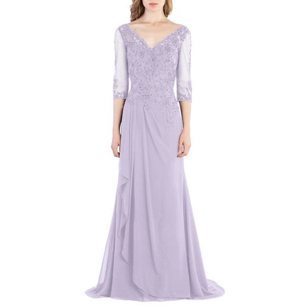 MACloth V Neck 3/4 Sleeve Lace Long Wedding Mother Bride Gown Bridesmaid Dresses