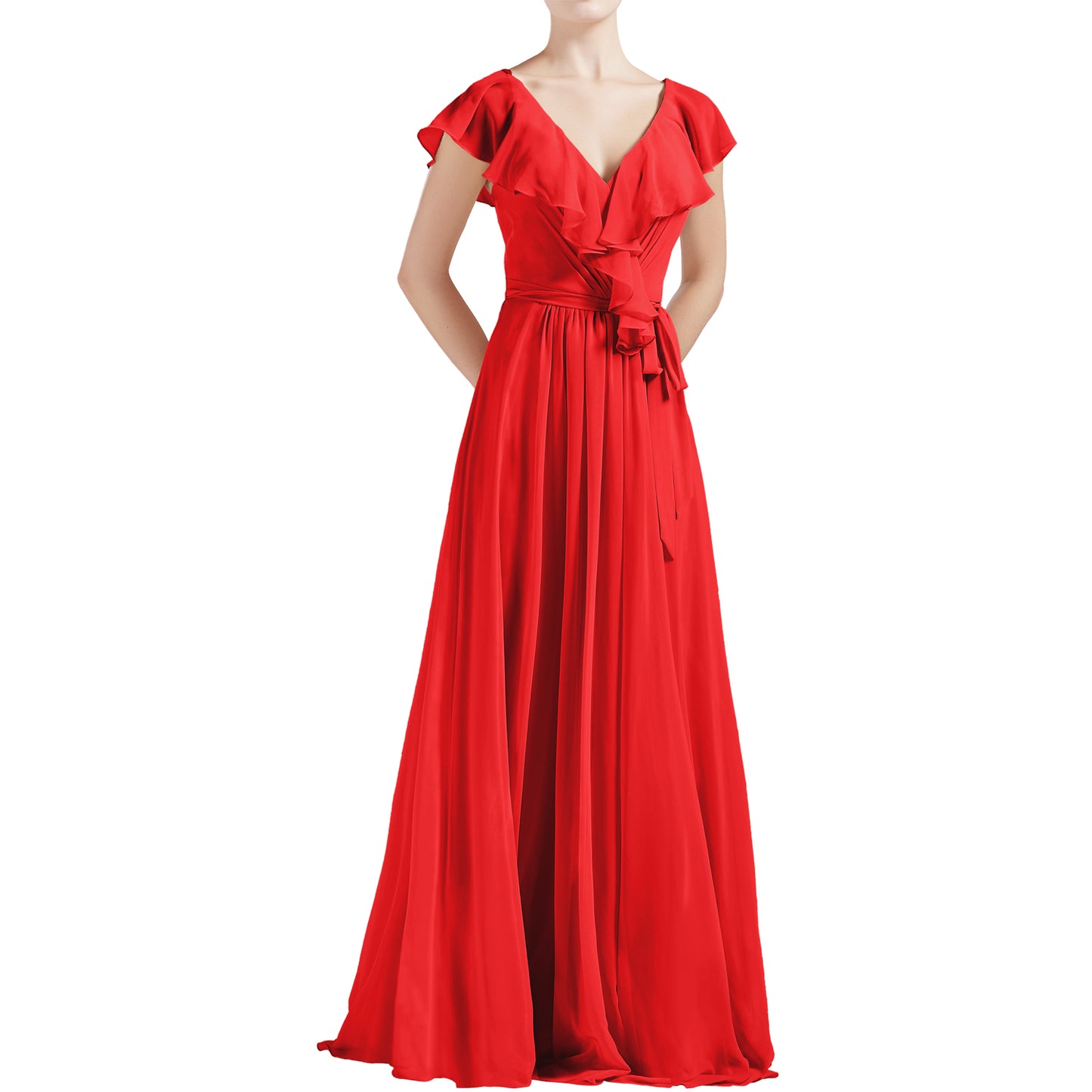 MACloth Women V Neck Ruffle Cap Sleeves Long Bridesmaid Dresses