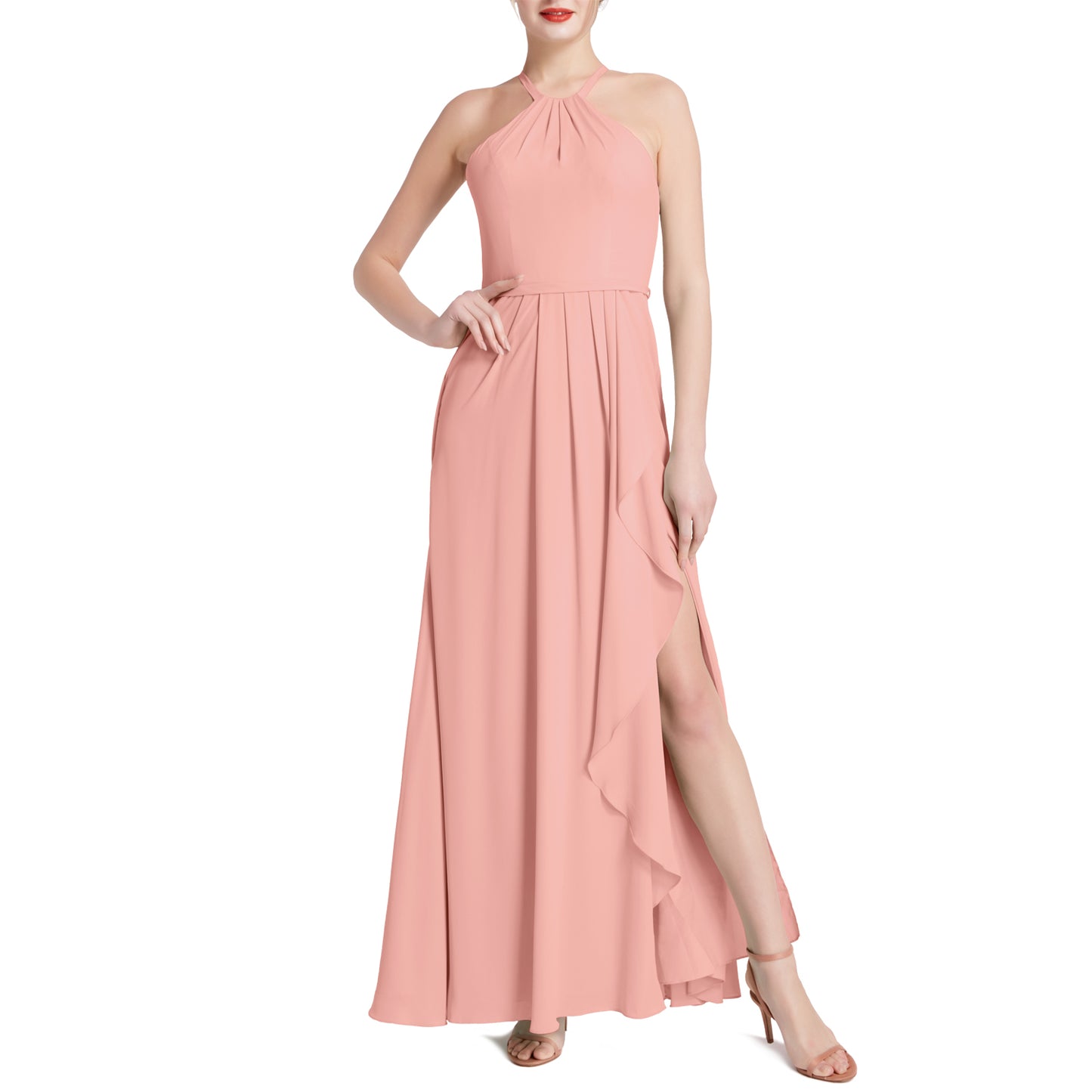 MACloth Damen Neckholder Langes Maxikleid für Hochzeit, Party, Brautjungfern, mit drapiertem Schlitz