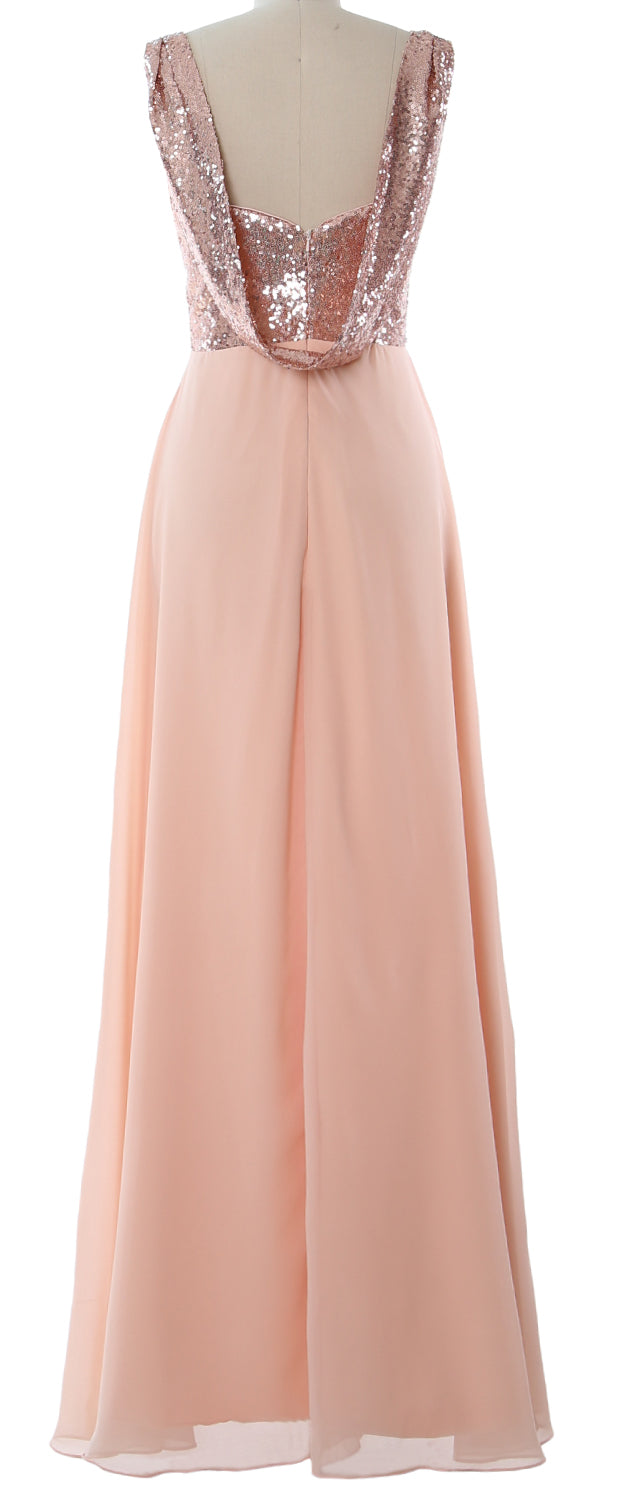 MACloth Women Sequin Chiffon Long Bridesmaid Dress Cowl Back