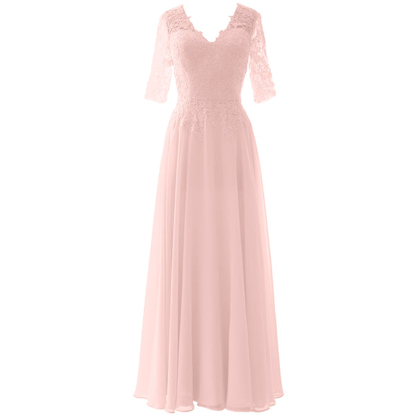 MACloth Long Maxi Mother Bride Dresses Short Sleeve Lace V Neck Evening Gown