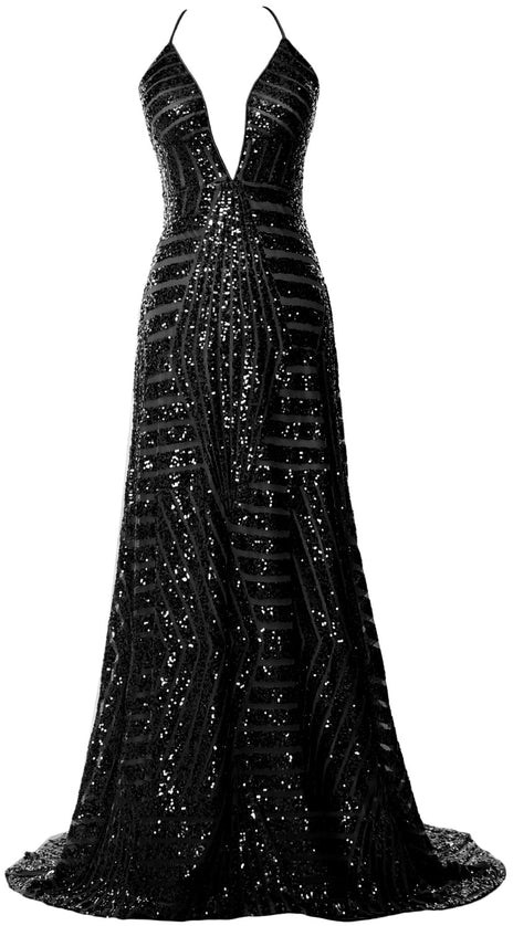 MACloth Women Deep V Neck Sequin Long Prom Dress Sexy Formal Party Evening Gown