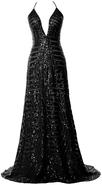 MACloth Women Deep V Neck Sequin Long Prom Dress Sexy Formal Party Evening Gown