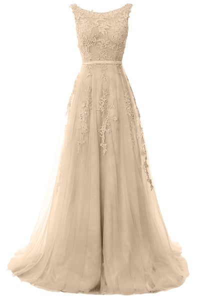 MACloth Lace Prom Dresses Boat Neck Sleeveless Lace Wedding Formal Evening Gown