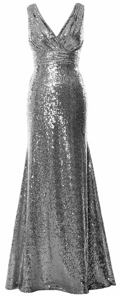 MACloth Women Mermaid V Neck Maxi Sequin Wedding Party Dresses Bridesmaid Prom