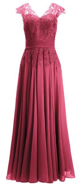 MACloth Women Maxi Mother of Bride Dresses Cap Sleeve V Neck Lace Evening Gown