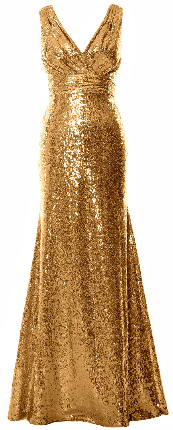 MACloth Women Mermaid V Neck Maxi Sequin Wedding Party Dresses Bridesmaid Prom