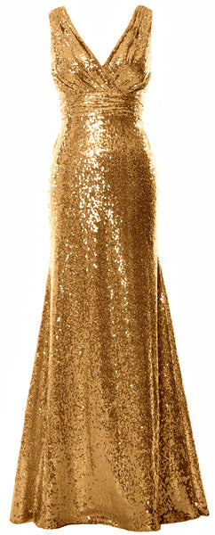 MACloth Women Mermaid V Neck Maxi Sequin Wedding Party Dresses Bridesmaid Prom