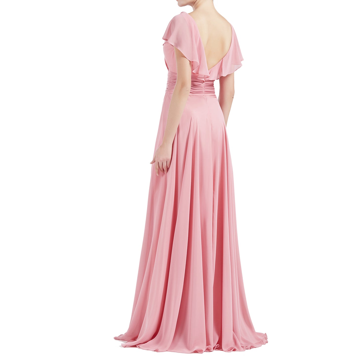 MACloth Damen O-Ausschnitt Rüschen Kurze Ärmel A-Linie Maxikleid Hochzeit Brautjungfernkleid