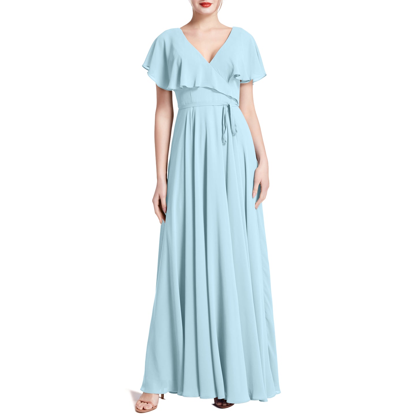 MACloth Women V Neck Ruffle BatWing Short Sleeve Maxi Wedding Bridesmaid Dresses