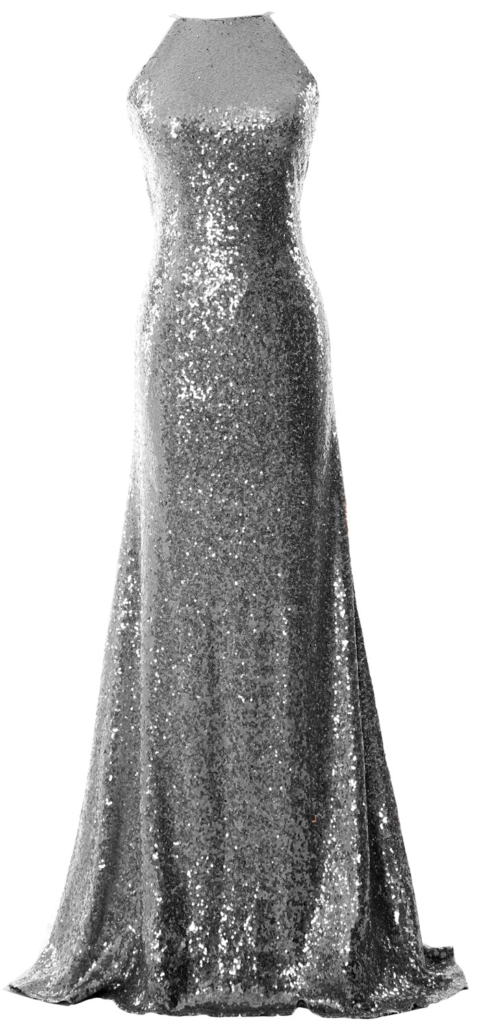 MACloth Women Bridesmaid Dress Sequin Long Halter Cowlback Prom Ball Gown