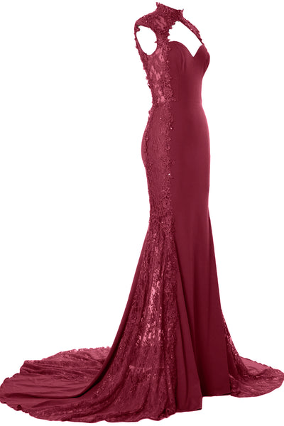 MACloth Women Prom Dresses Mermaid High Neck Sleeveless Lace Formal Evening Gown