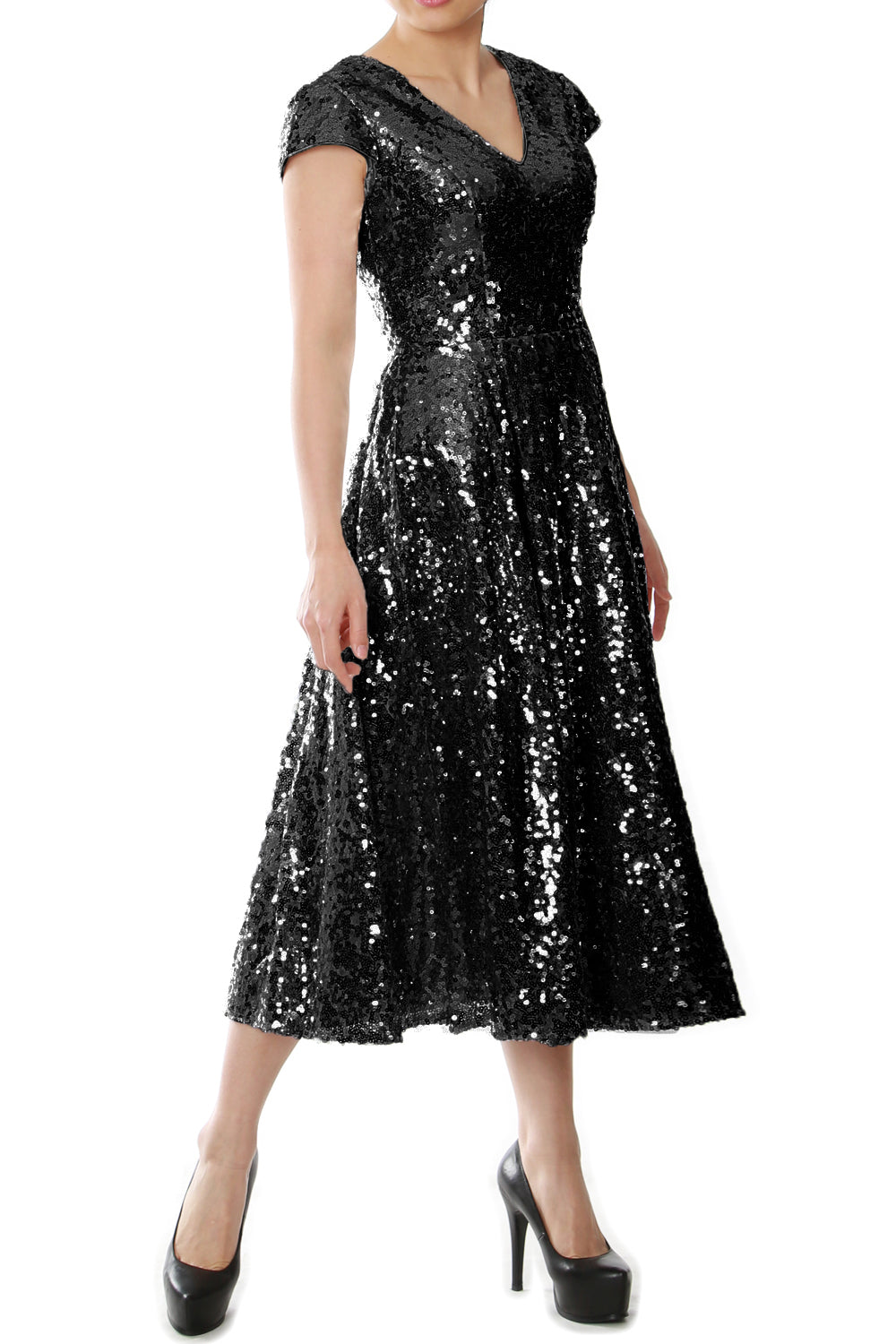 womens black sequin dress MACloth Women Midi Mother of Bride Dresses Sequin Cap Sleeves Wedding Party Black / Above Knee / Custom Size