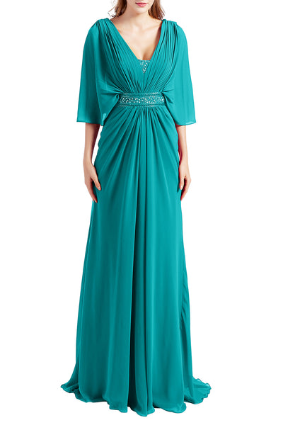 MACloth Women Elegant Long V Neck Mother of Bride Dresses Evening Gown Sleeves