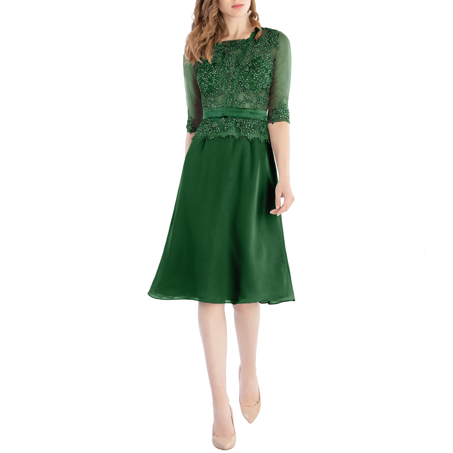 MACloth Damen-Kleid mit Rundhalsausschnitt, Perlenspitze, kurze Halbärmel, für die Brautmutter, Hochzeit, Brautparty