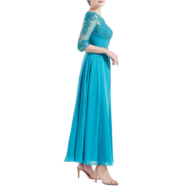 MACloth Women Tea Length 3/4 Sleeve Boat Neck Mother Bride Dresses Bridal Party