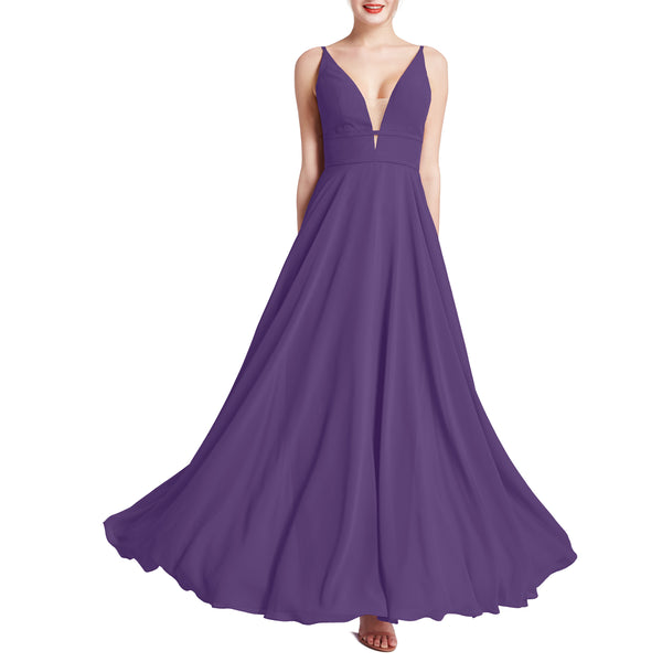 MACloth Women Plunge V Neck Long Elegant Wedding Party Bridesmaid Dresses
