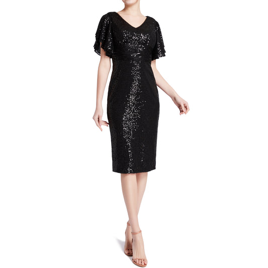 MACloth - Vestidos de cóctel de corte imperio con lentejuelas, escote en V, mangas de ángel con volantes y cortos para mujer