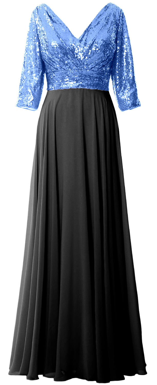 MACloth Damen Maxikleid mit langen Ärmeln und V-Ausschnitt und Pailletten