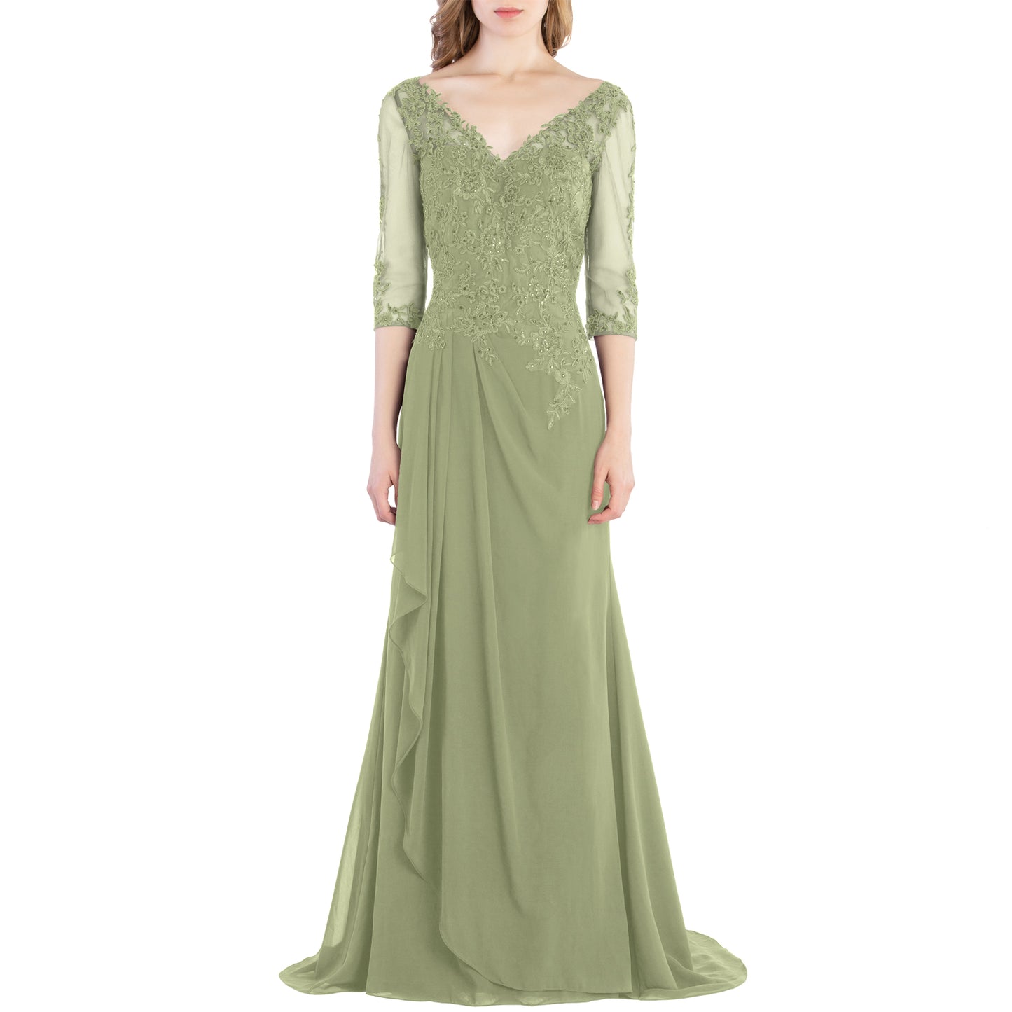 Vestido de novia largo de encaje con escote en V y mangas 3/4 de MACloth para madre de la novia y dama de honor