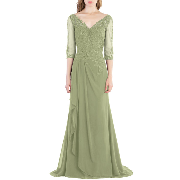 MACloth V Neck 3/4 Sleeve Lace Long Wedding Mother Bride Gown Bridesmaid Dresses