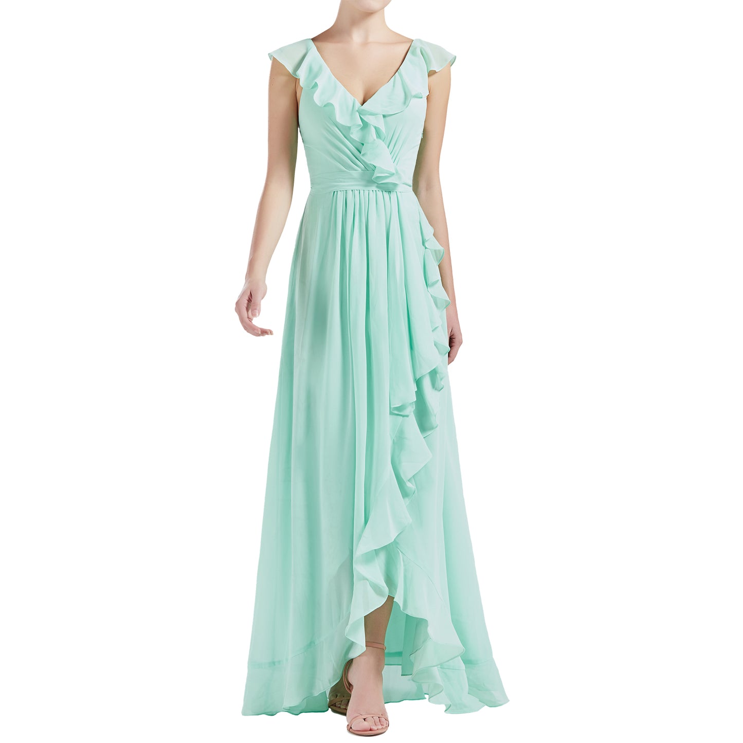 MACloth Women V Neck Ruffle Cap Sleeve Hi-Lo Long Wedding Bridesmaid Dresses