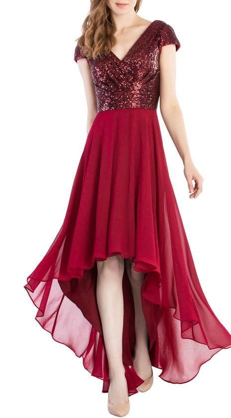 MACloth Mother of Bride Dresses Cap Sleeves High Low Sequin Wedding Formal Gown