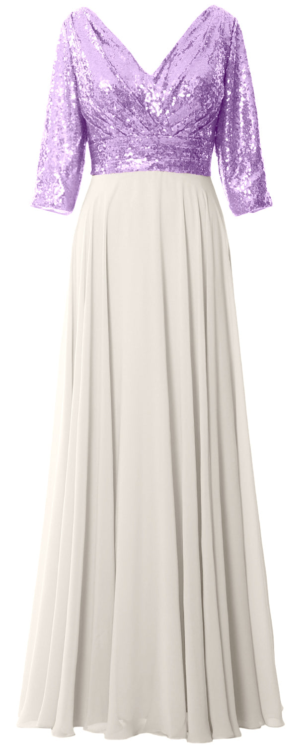 MACloth Damen Maxikleid mit langen Ärmeln und V-Ausschnitt und Pailletten