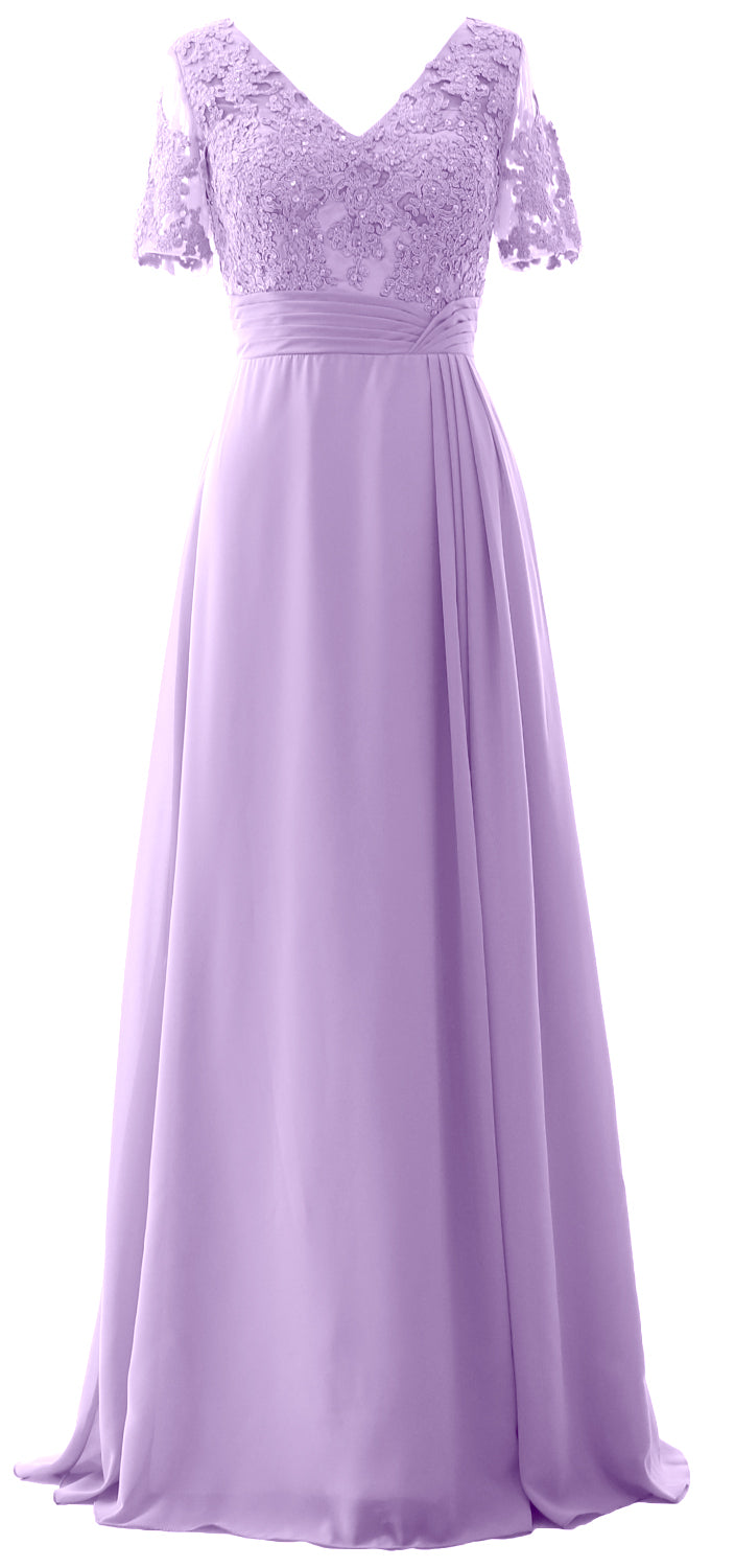 MACloth Women V Neck Long Mother of Bride Dresss Lace Evening Gown Short Sleeves
