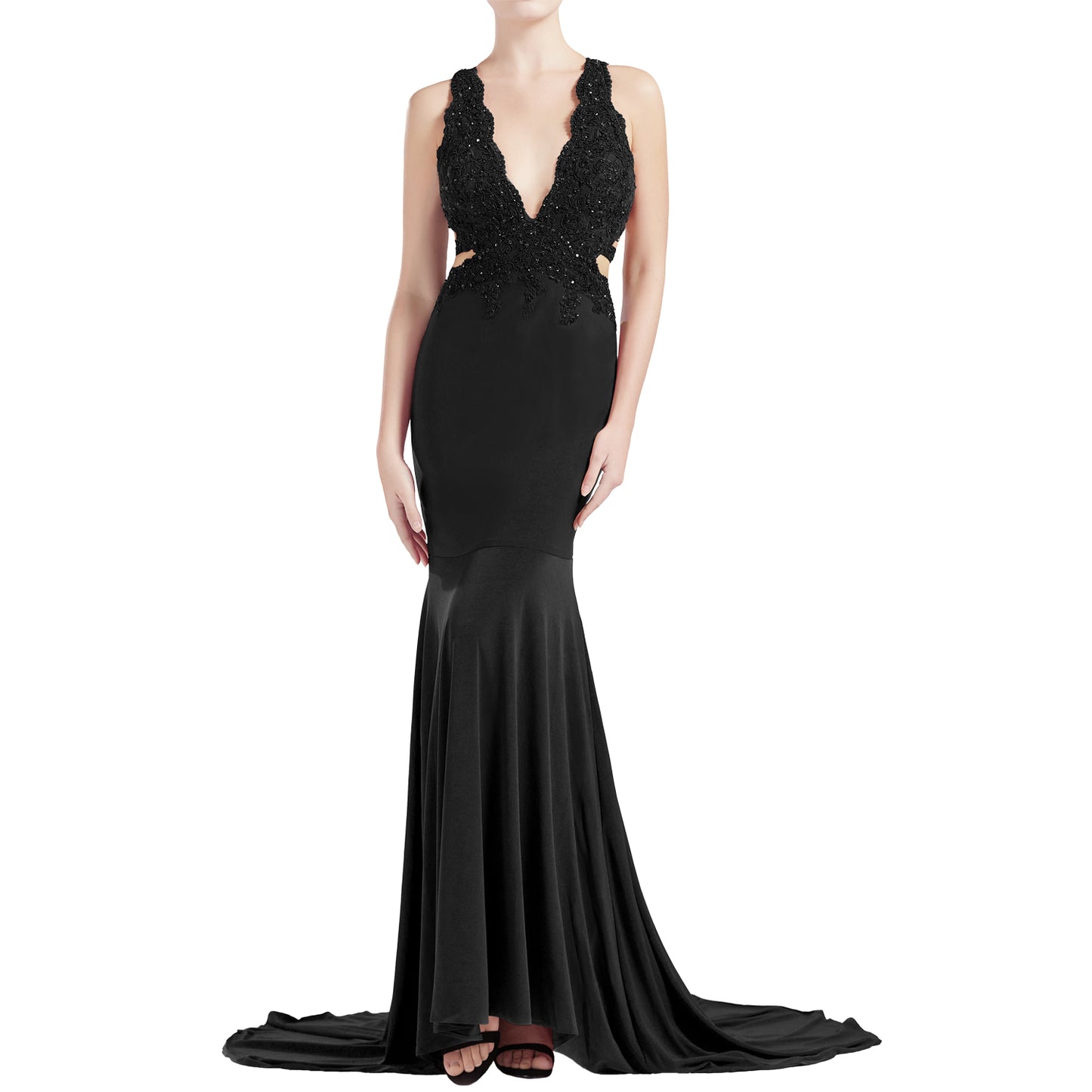 MACloth Damen Meerjungfrau V-Ausschnitt Spitze Langes Ballkleid Formales Abendkleid