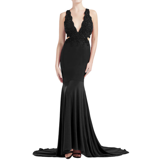 MACloth Damen Meerjungfrau V-Ausschnitt Spitze Langes Ballkleid Formales Abendkleid