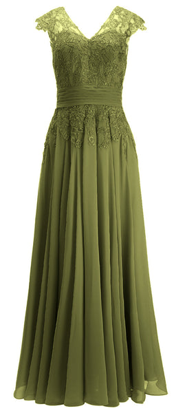 MACloth Women Maxi Mother of Bride Dresses Cap Sleeve V Neck Lace Evening Gown