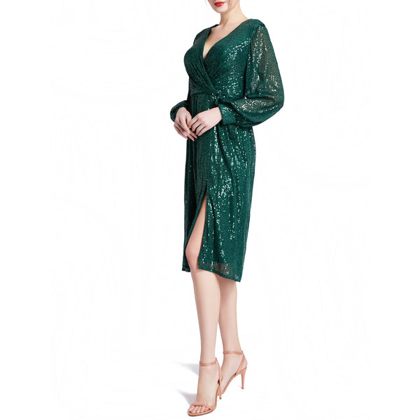 MACloth Women V Neck Long Sleeve Short Wrap Sequin Wedding Guest Cocktail Dress