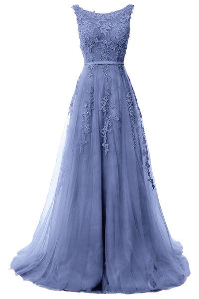 MACloth Lace Prom Dresses Boat Neck Sleeveless Lace Wedding Formal Evening Gown