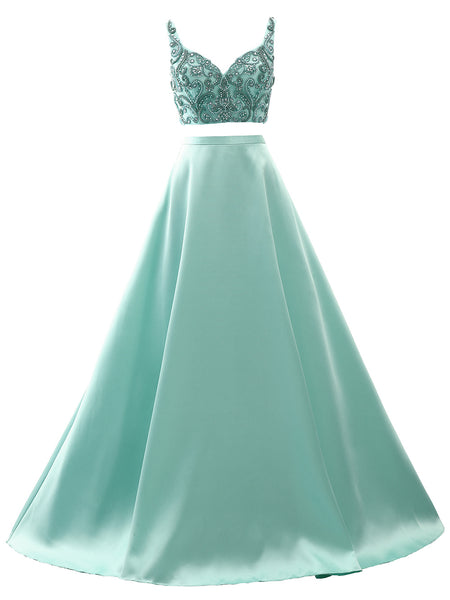 MACloth Women Two Piece V Neck Beaded Prom Dress Crop Top Formal Evening Gown