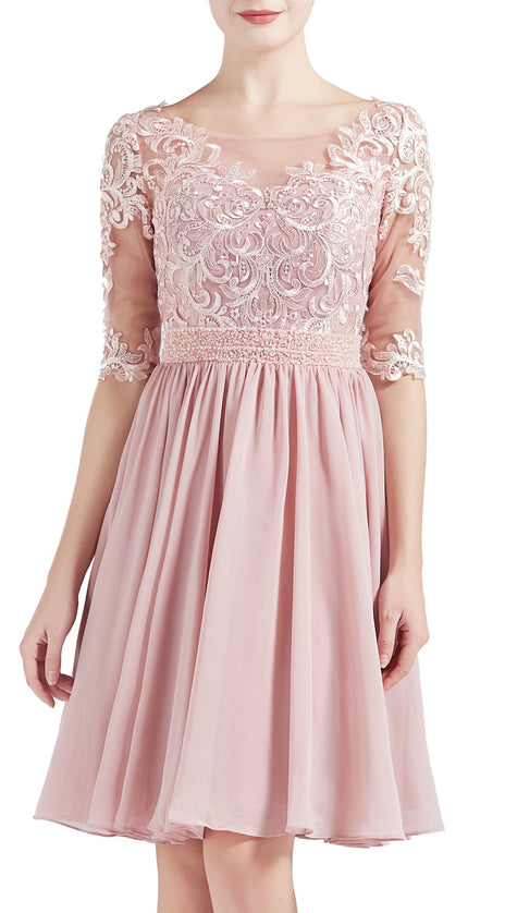 MACloth Women Half Sleeves Short Lace Beading Boat Neckline Mother of Bride Dresses Wedding Bridal Party