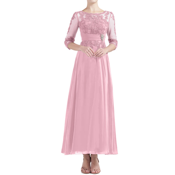 MACloth Women Tea Length 3/4 Sleeve Boat Neck Mother Bride Dresses Bridal Party