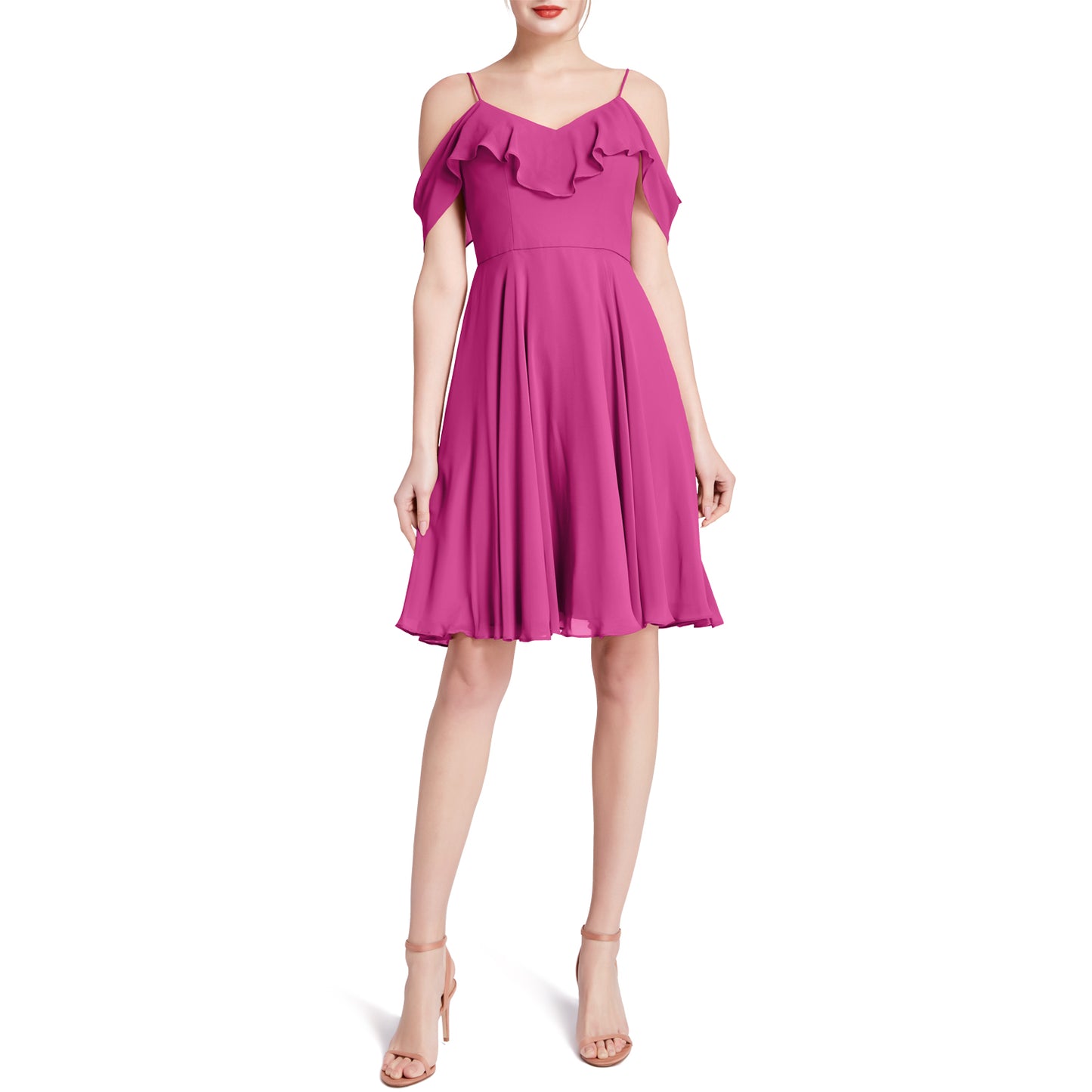 MACloth Damen-Kleid mit kalten Schultern und Rüschen, kurz, für Hochzeit, Party, Brautjungfern