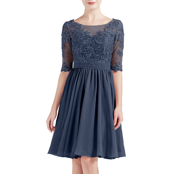 MACloth Women Half Sleeves Short Lace Beading Boat Neckline Mother of Bride Dresses Wedding Bridal Party