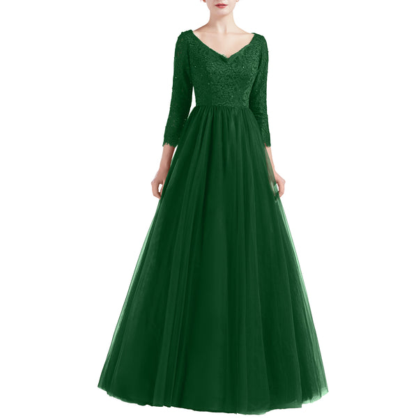 MACloth Women V Neck 3/4 Sleeve Long Tulle Prom Party Dresses Ball Gown Bridal