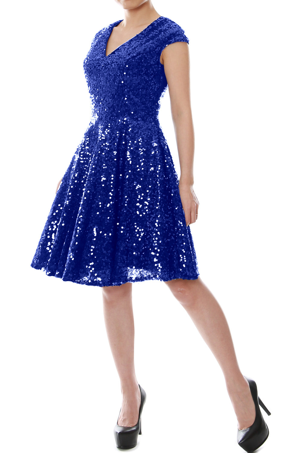 MACloth Women Cap Sleeve Party Formal Gown V Neck Sequin Short Bridesmaid Dress