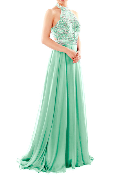 MACloth Women Halter High Neck Sleeveless Long Prom Party Dress Evening Gown