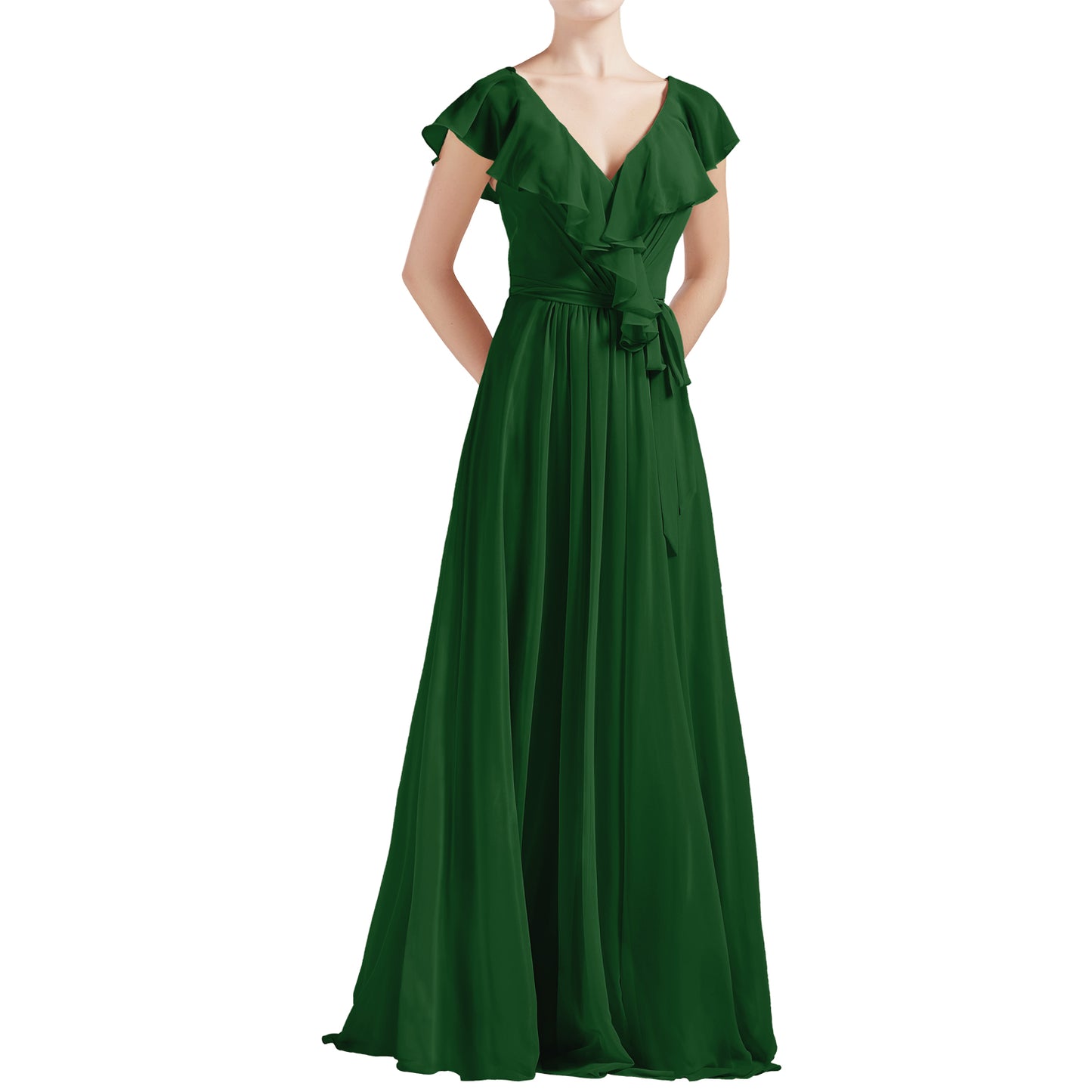MACloth Women V Neck Ruffle Cap Sleeves Long Bridesmaid Dresses