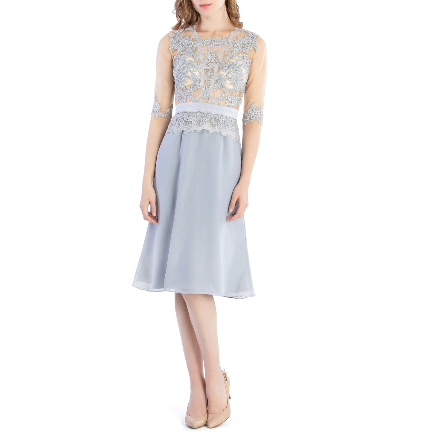 MACloth Damen-Kleid mit Rundhalsausschnitt, Perlenspitze, kurze Halbärmel, für die Brautmutter, Hochzeit, Brautparty