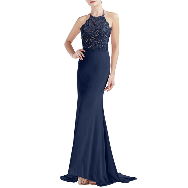 MACloth Women Sleeveless Halter Jersey Mermaid Long Prom Party Dresses Evening