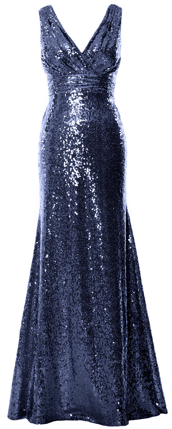 MACloth Women Mermaid V Neck Maxi Sequin Wedding Party Dresses Bridesmaid Prom