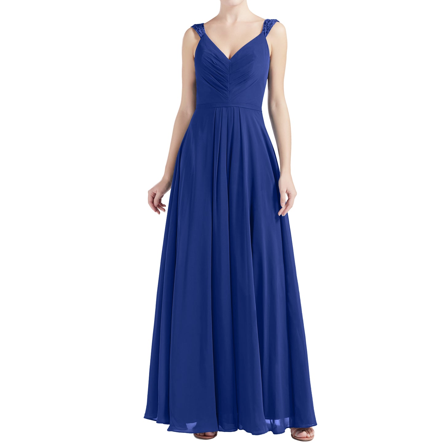 MACloth Women V Neck Lace Chiffon A Line Maxi Wedding Party Bridesmaid Dresses