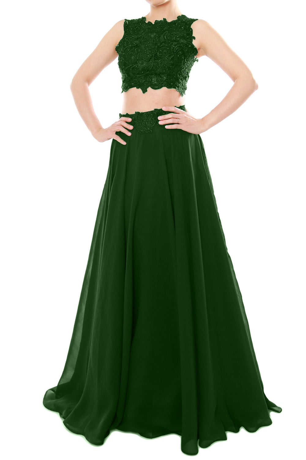 MACloth Vestido largo de gasa con encaje y cuello alto de dos piezas para mujer, vestido de fiesta formal para graduación