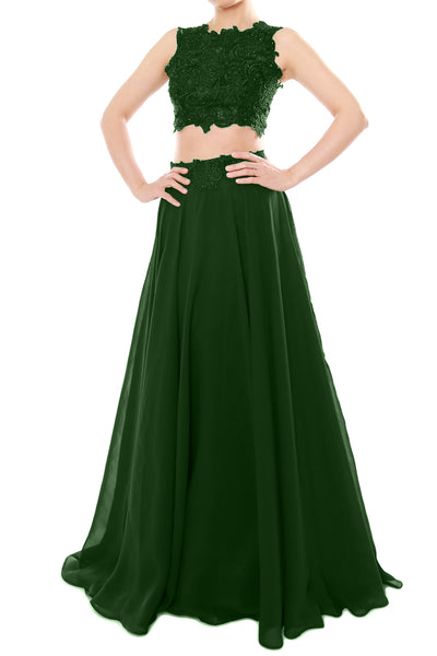 MACloth Women Two Piece High Neck Lace Chiffon Long Prom Dress Formal Party Gown