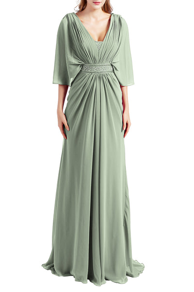 MACloth Women Elegant Long V Neck Mother of Bride Dresses Evening Gown Sleeves